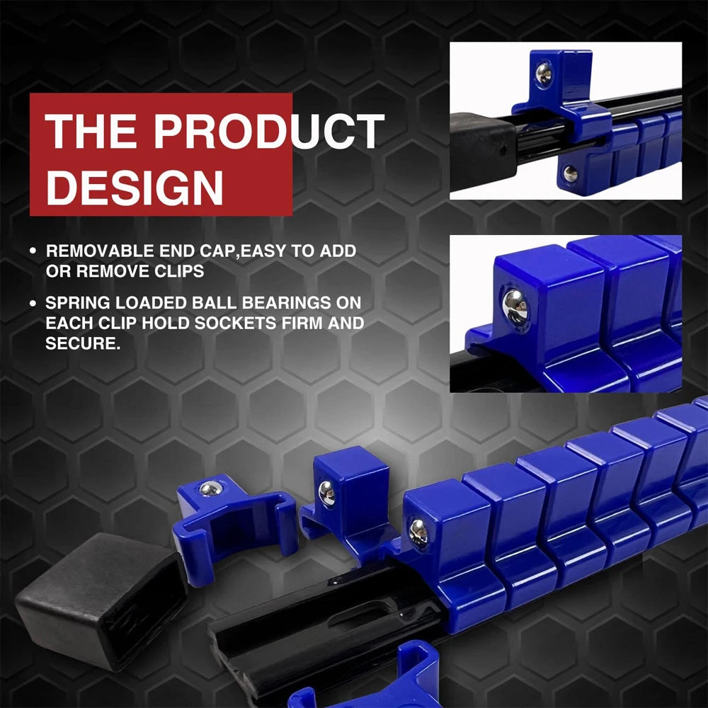 Blue 360° swivel socket organizer rail with removable end cap and spring-loaded ball bearings for secure clip sockets.