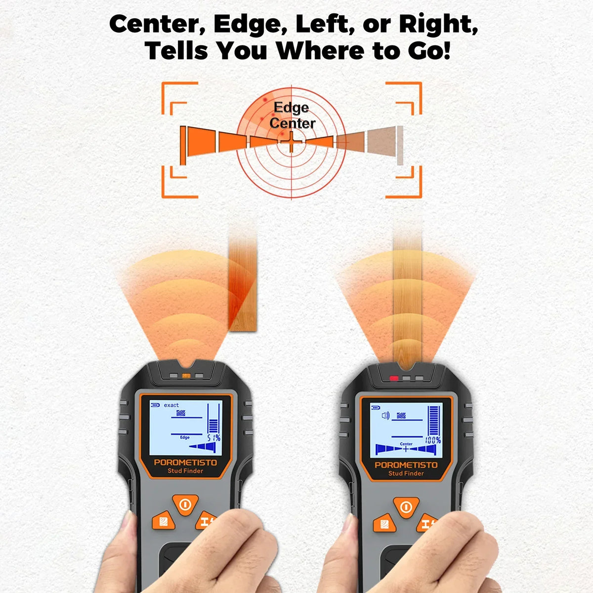 Hands hold a Porometisto stud finder device demonstrating center, edge, left, or right detection.