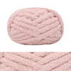 A ball of pink chunky chenille yarn used for hand knitting and crochet