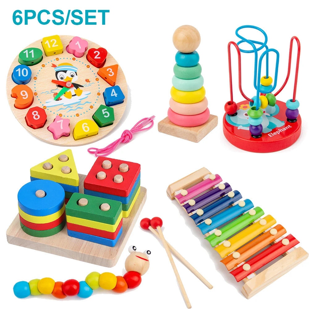A set of wooden puzzles including a stacking tower, an elephant toy, and various wooden blocks and puzzles for toddlers.