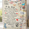 A personalized Spanish flannel throw blanket featuring a quote for a daughter, with embroidered hearts and text.
