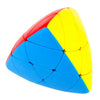A brightly colored, triangular puzzle cube featuring red, blue, and yellow faces.