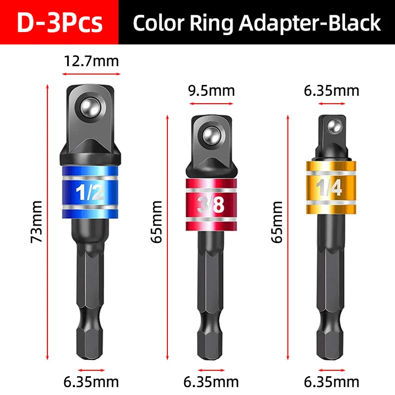 Hex Shank Socket Adapter Set for Power Drills (1/4, 3/8, 1/2 Inch)