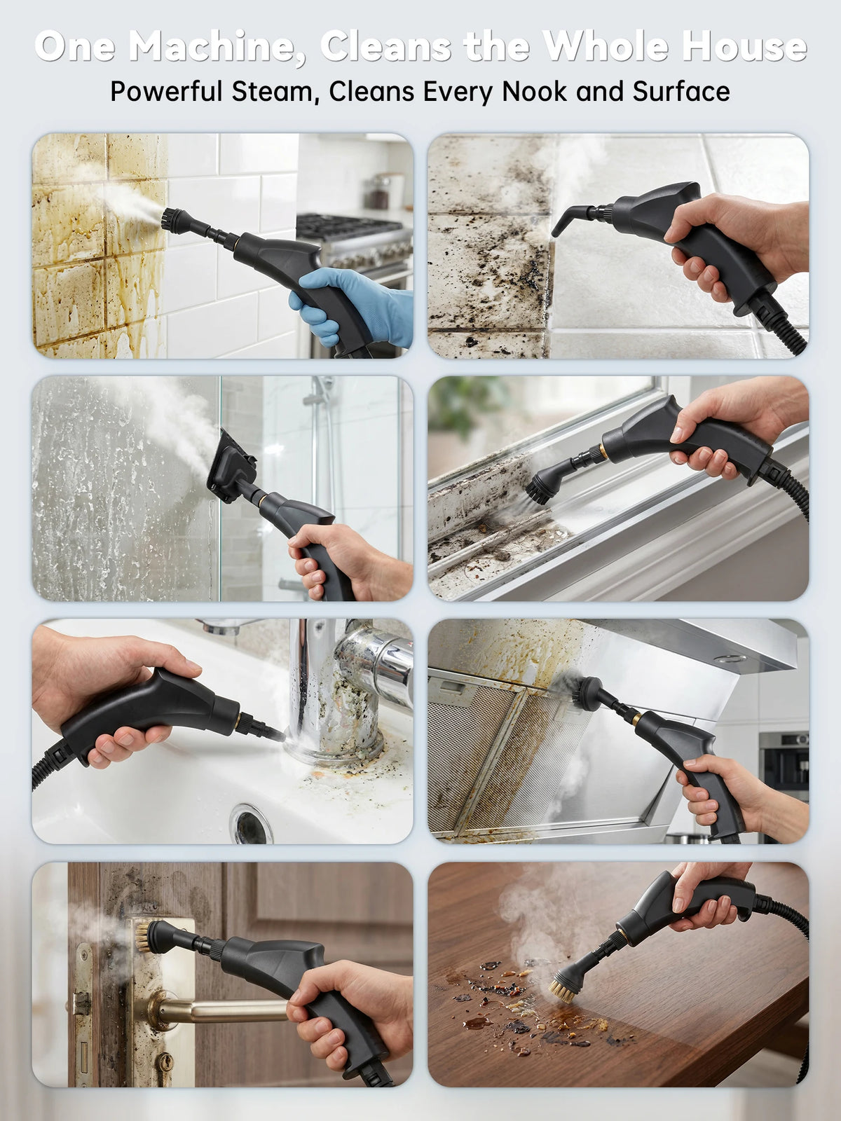 Eine Hand benutzt einen leistungsstarken, tragbaren Dampfreiniger, um verschiedene Oberflächen und Ecken in einem Haus zu rei
