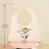A light pink silicone baby bib featuring a cute cartoon duck design.