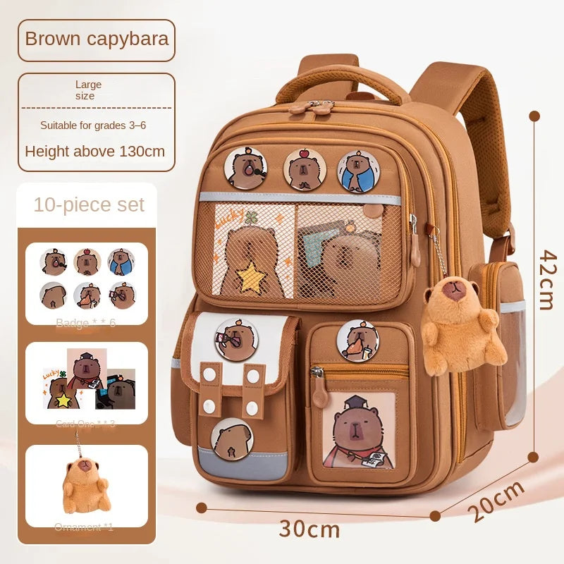 A brown capybara themed school backpack for children, featuring a 10-piece set of accessories.