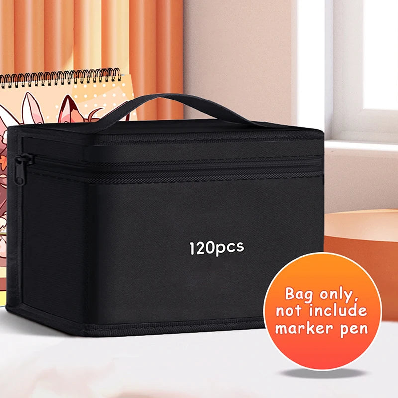 Black canvas pencil bag with a zipper and 120 pieces inside, shown next to a window.