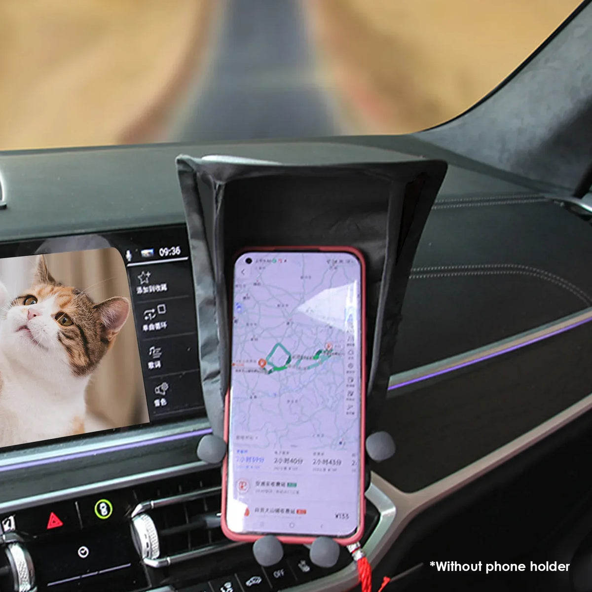 A black car phone sun shade is installed in a vehicle's dashboard, protecting a smartphone and displaying a map.