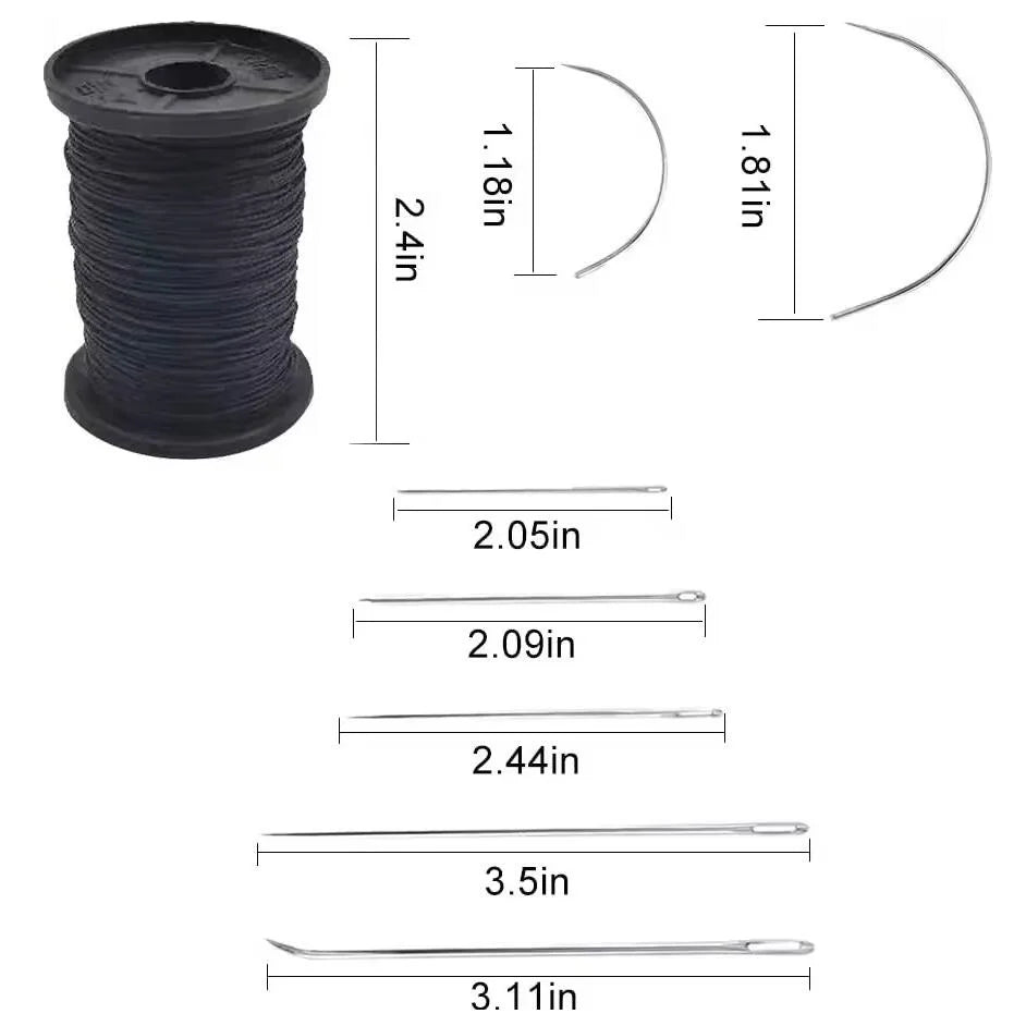 A set of professional leather sewing kit components including a spool, thread, and needles with various lengths.