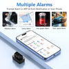 A smartphone displays various alarm settings options, next to a black OBD GPS tracker plug.