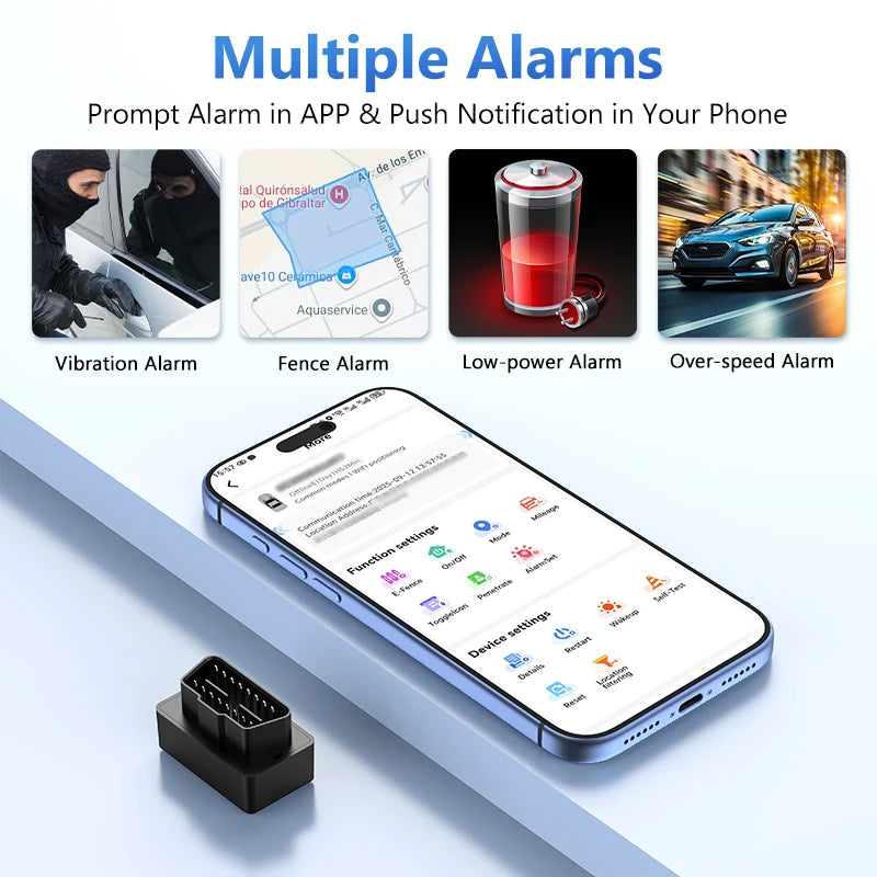 A smartphone displays various alarm settings options, next to a black OBD GPS tracker plug.