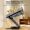 A black tablet stand with a heavy load of 10kg is shown on a wooden desk.