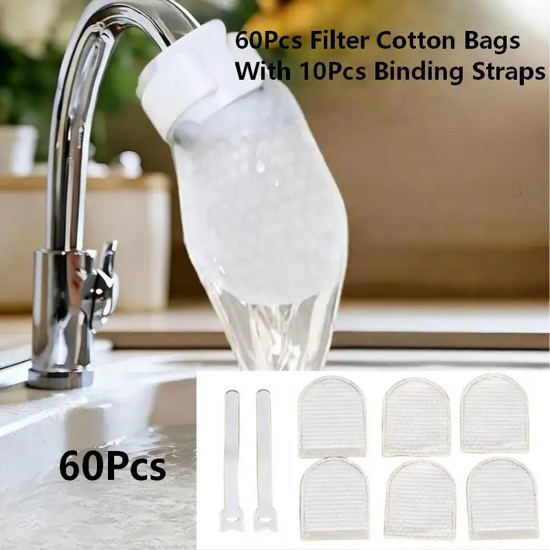 60 pieces of white filter cotton bags with 10 binding straps shown hanging from a faucet