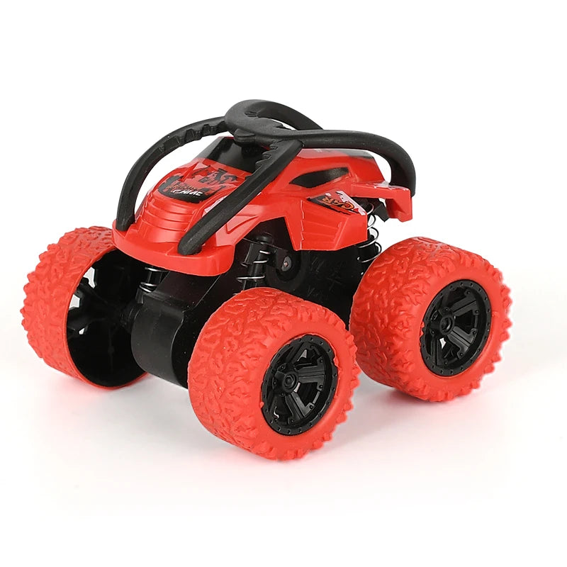 Red off-road stunt car with black chassis and large tires.