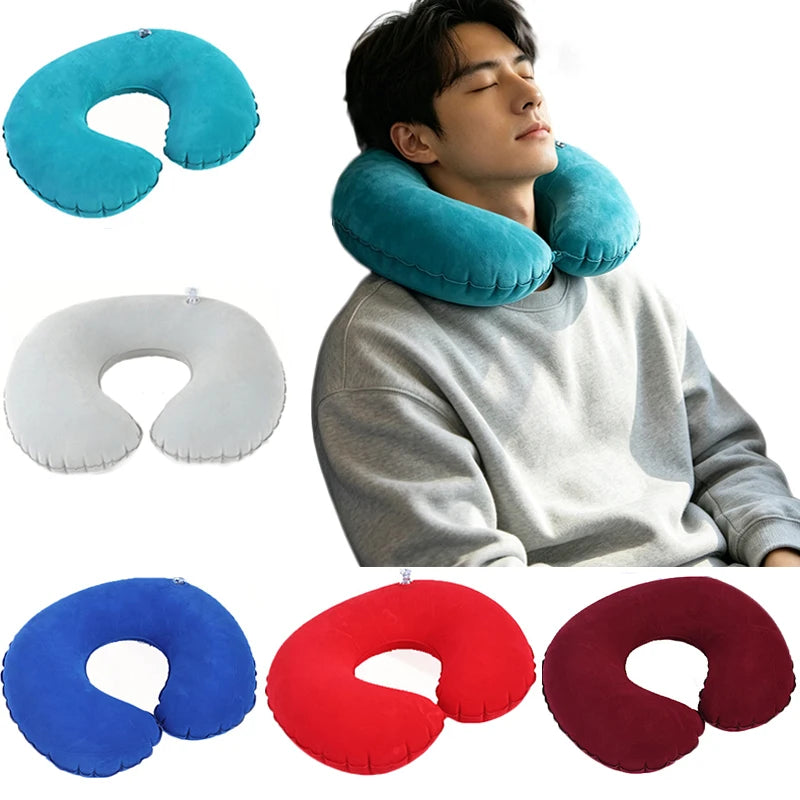 A man is wearing a teal inflatable U-shaped travel neck pillow, with separate white and red versions shown nearby.