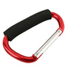 Red and black heavy-duty aluminum stroller hooks with a comfort grip.