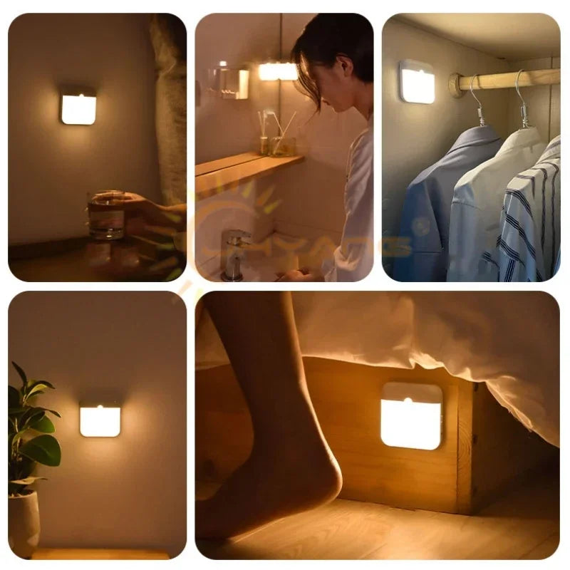 Various shots of a rechargeable motion sensor night light illuminating rooms and closets.