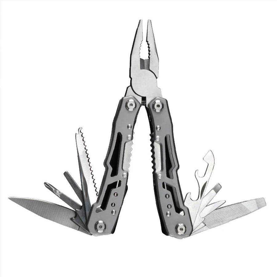 Stainless steel pocket multitool featuring pliers and various cutting tools.