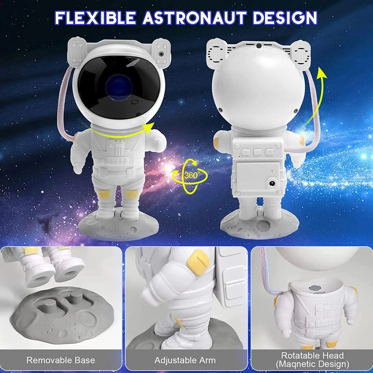 Flexible astronaut design night light featuring a removable base, adjustable arm, and rotatable head.