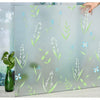 Frosted privacy window film with a delicate blue and white floral stripe pattern applied to glass.