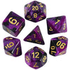 A set of seven polyhedral dice in various colors and shapes, including a purple d20, d10, d8, d6, and d12.