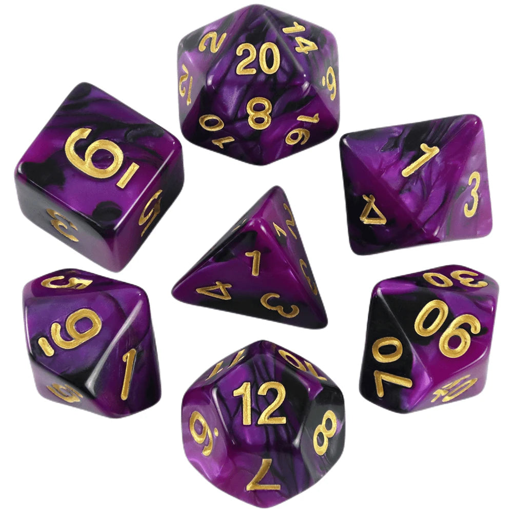 A set of seven polyhedral dice in various colors and shapes, including a purple d20, d10, d8, d6, and d12.