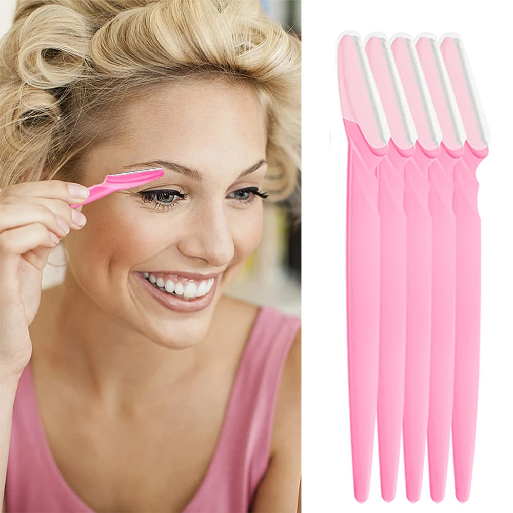 A pink precision eyebrow razor set with multiple blades shown next to a woman grooming her face.