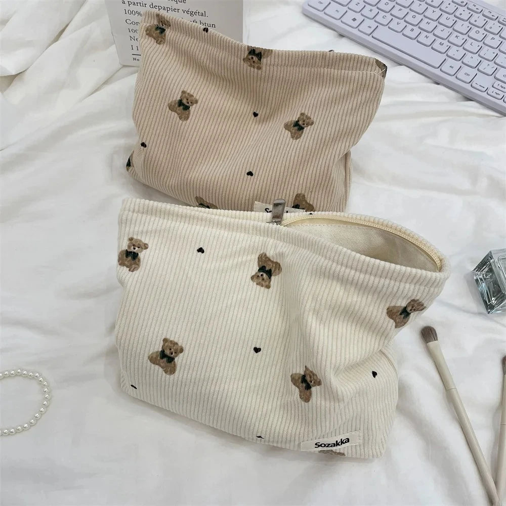 Corduroy Bear Print Makeup Bag – Large Capacity Cosmetic Organizer