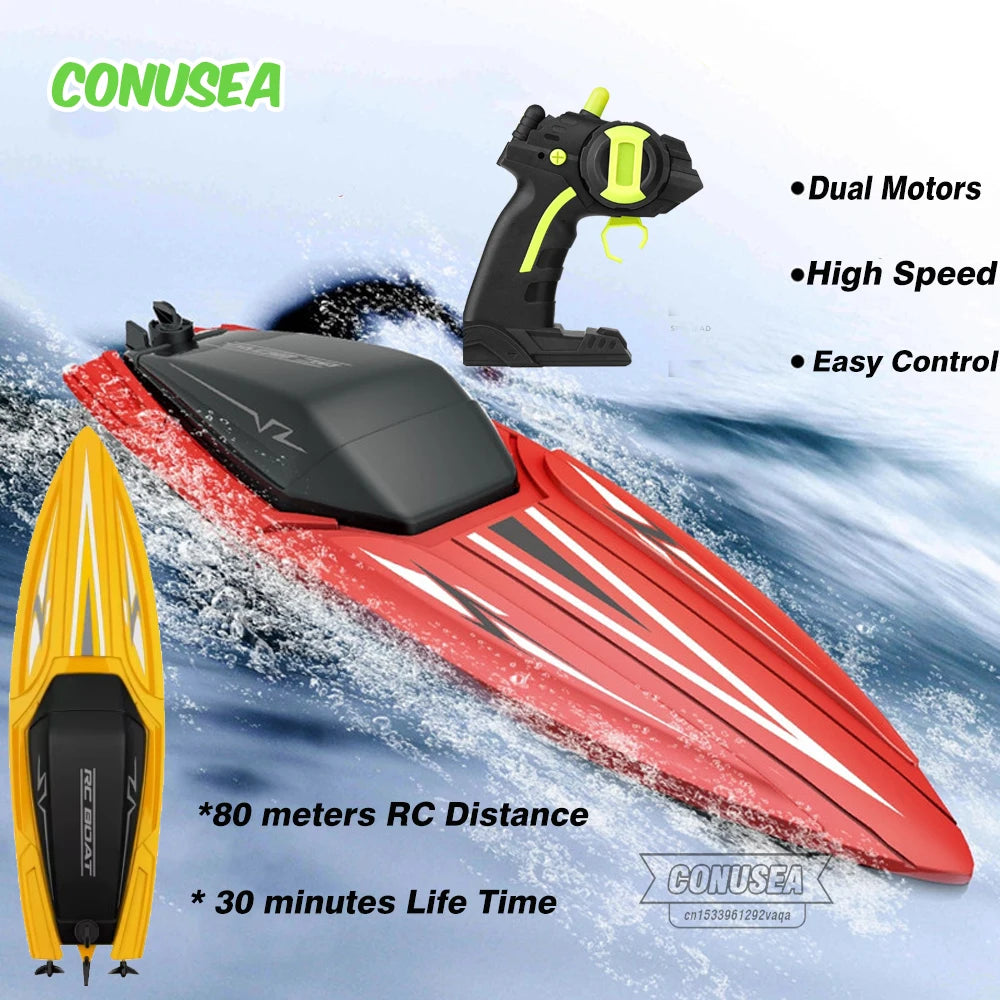 A red and black high-speed remote control boat is shown in motion with a yellow motor attached, demonstrating dual motors and