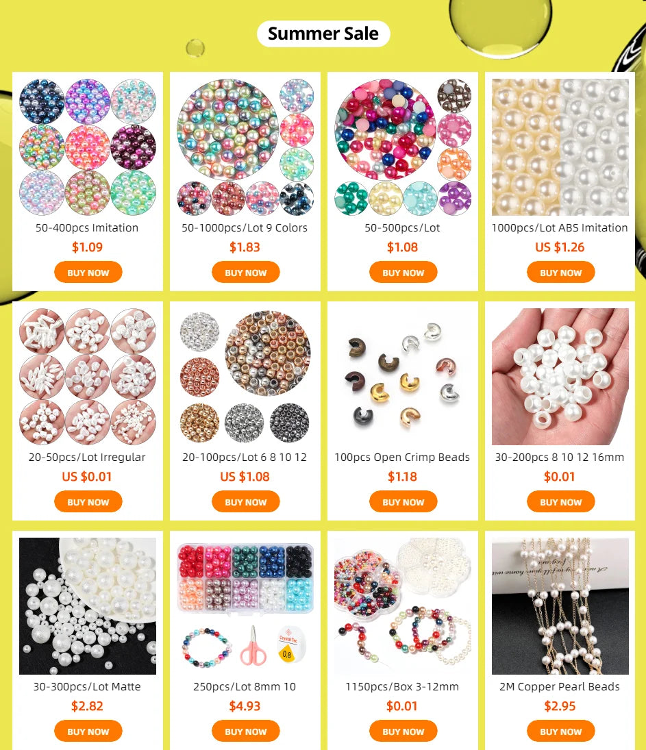 Various sizes and colors of round ABS imitation pearl beads for jewelry making sold in various quantities