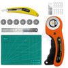 An orange rotary cutter sewing kit includes a 45mm cutter, cutting mat, ruler, and spare blades.