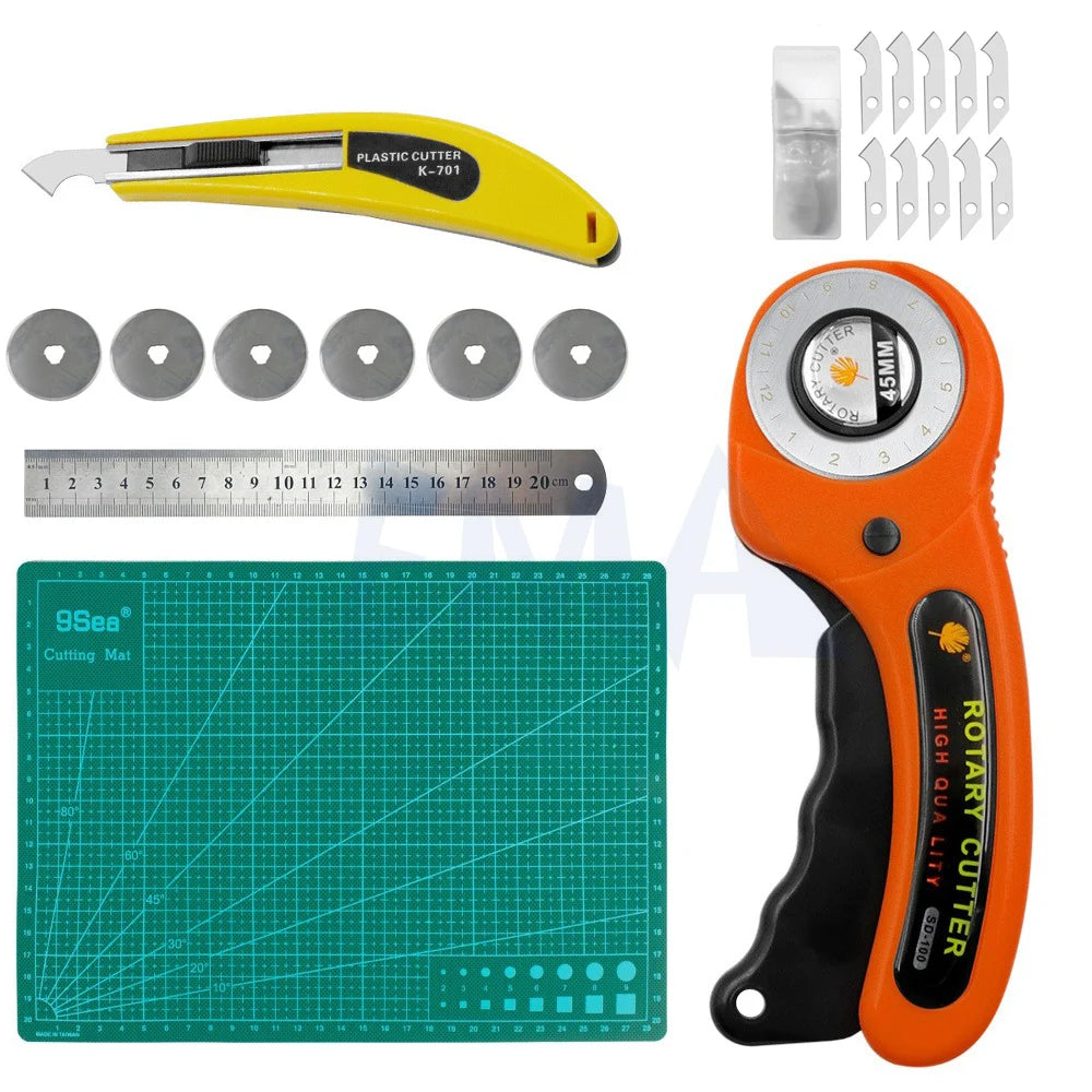 An orange rotary cutter sewing kit includes a 45mm cutter, cutting mat, ruler, and spare blades.