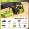 A green 1:64 scale remote control construction vehicle is shown next to its accessories, including a loading plate and variou