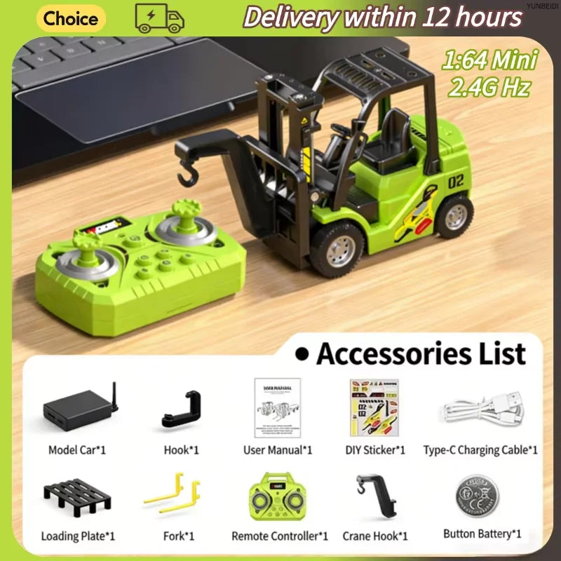 A green 1:64 scale remote control construction vehicle is shown next to its accessories, including a loading plate and variou