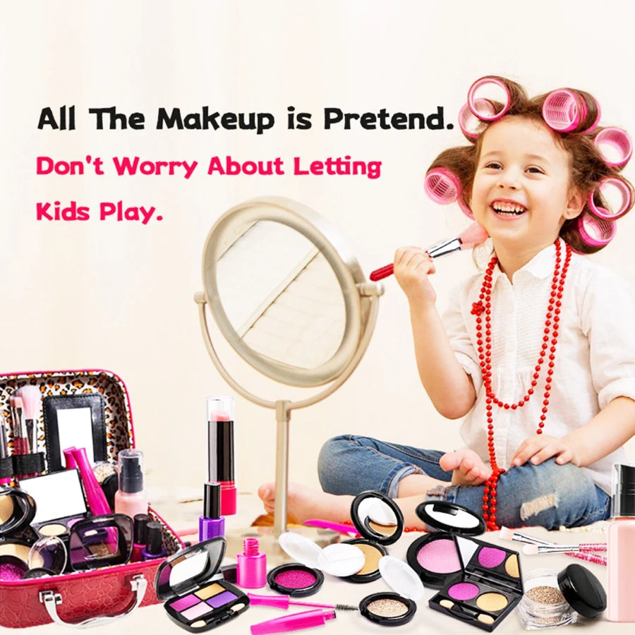 A young girl is smiling while holding a makeup brush, surrounded by various makeup products and an open carrying case.