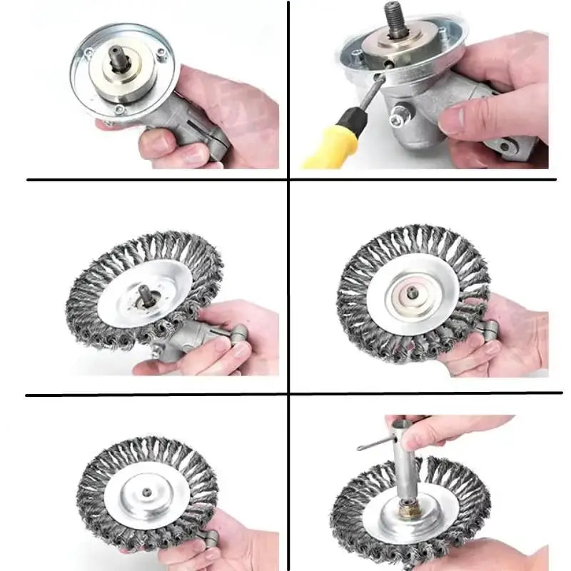 Close-up views of a universal steel wire weed trimmer head showing its construction and installation process.