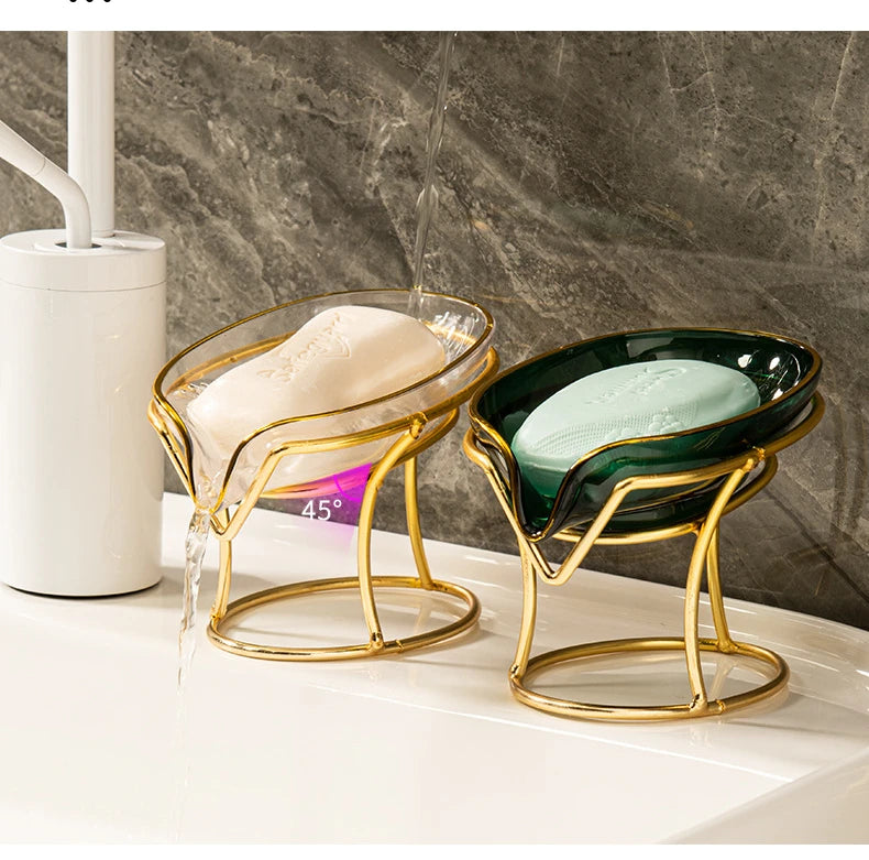 Leaf-Shape Self-Draining Soap Dish with Metal Bracket