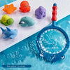Blue netting bath toy set featuring six plastic animals including a turtle and shark floating in water
