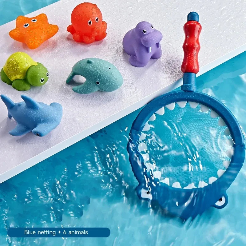 Blue netting bath toy set featuring six plastic animals including a turtle and shark floating in water