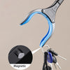 A close-up of a blue and silver foldable grabber tool with a magnetic attachment and multiple tips.