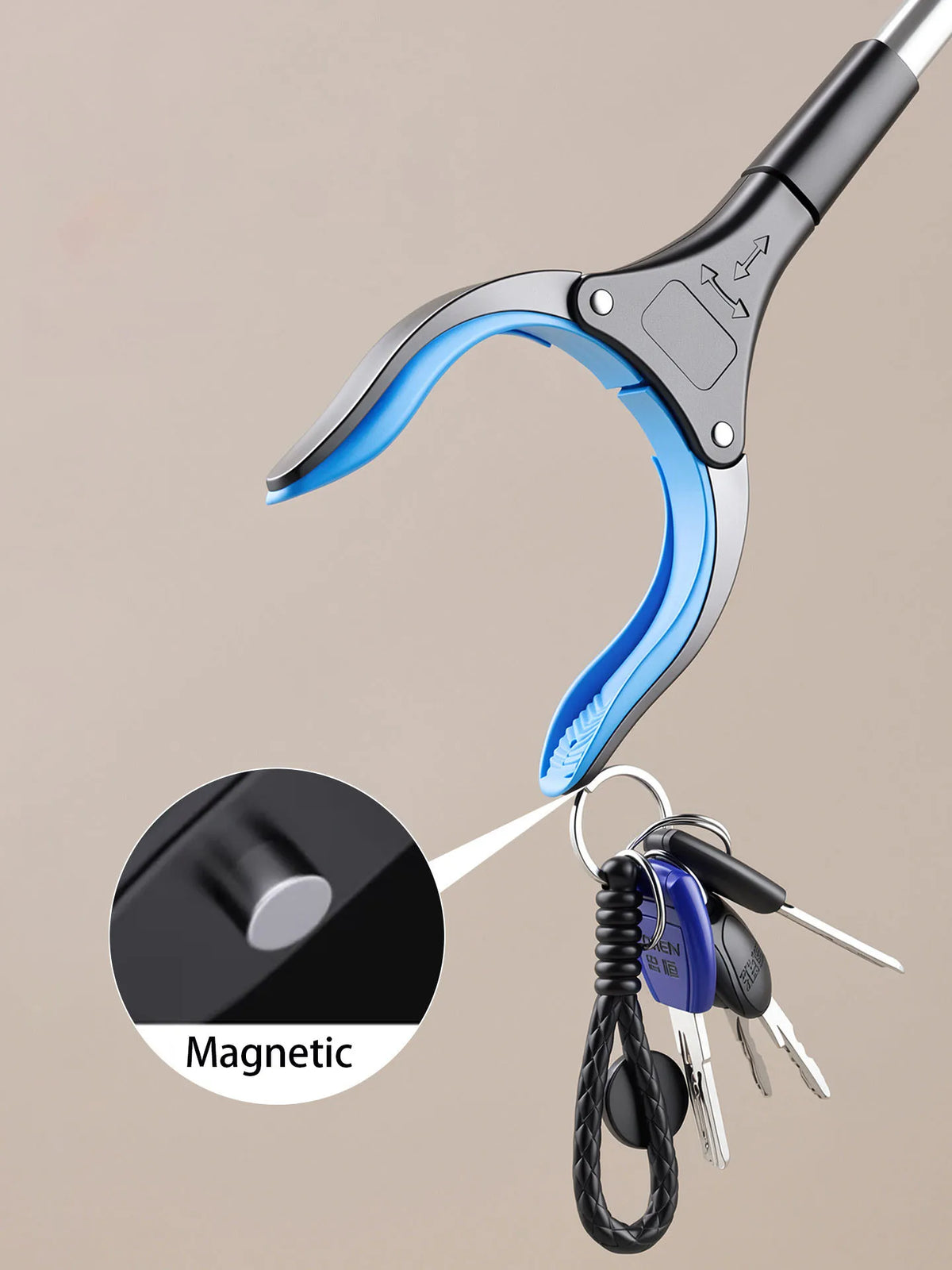 A close-up of a blue and silver foldable grabber tool with a magnetic attachment and multiple tips.