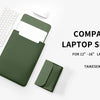 A dark olive green laptop sleeve for 12-16 inch laptops shown next to a white mouse and a keyboard.