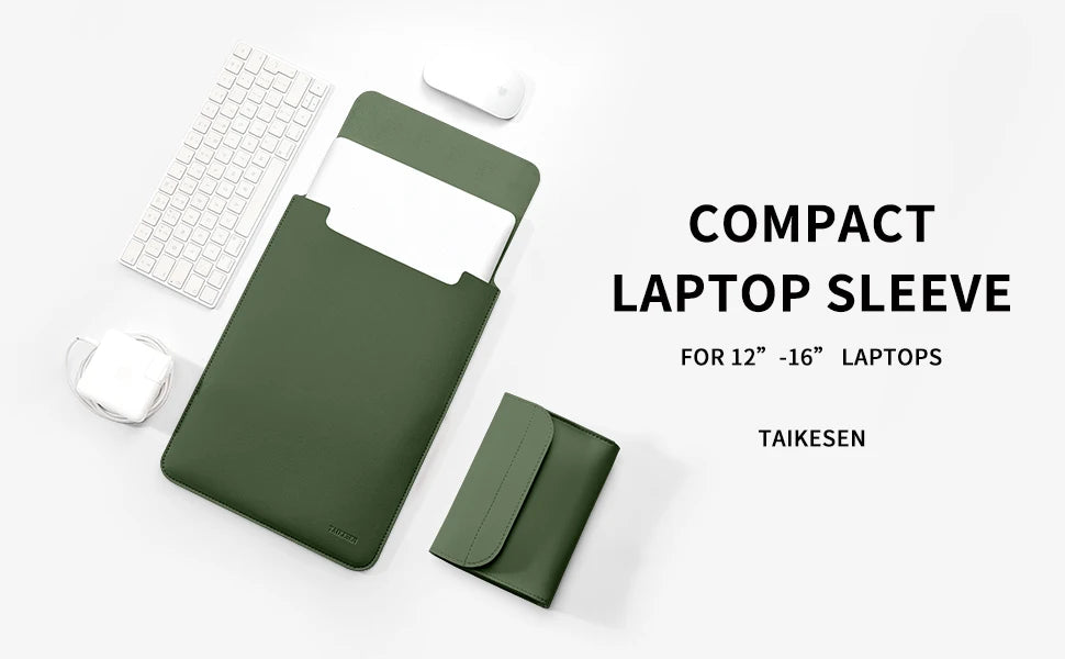 A dark olive green laptop sleeve for 12-16 inch laptops shown next to a white mouse and a keyboard.