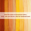A vertical display of eight practical wool colors, including shades of orange, yellow, and brown.
