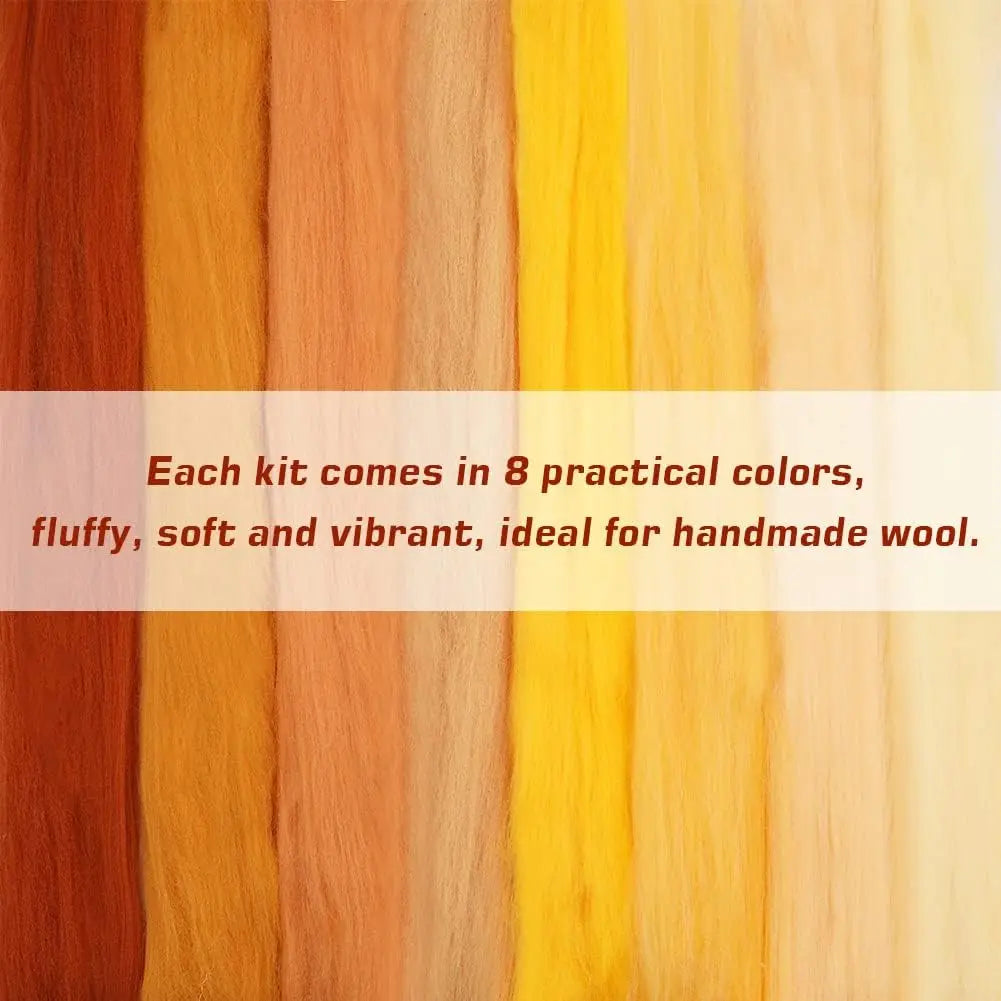 A vertical display of eight practical wool colors, including shades of orange, yellow, and brown.