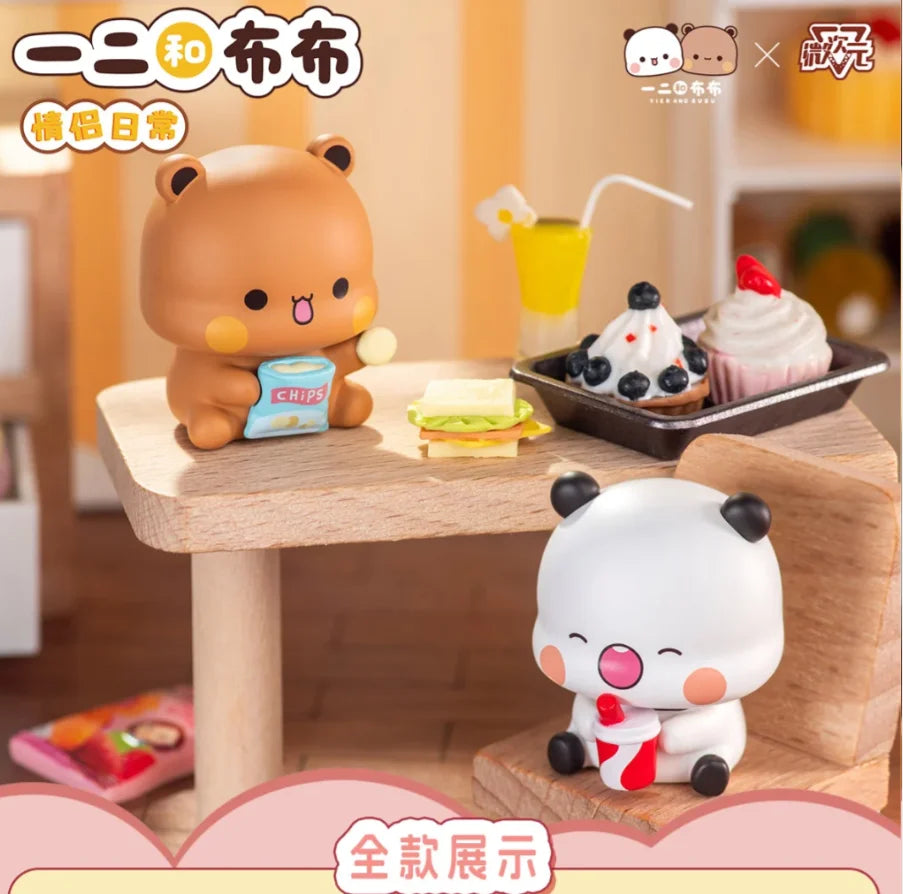 A set of Yier and Bubu Daily Life V3 Series blind box figurines featuring a brown bear and a white panda in a food-themed set