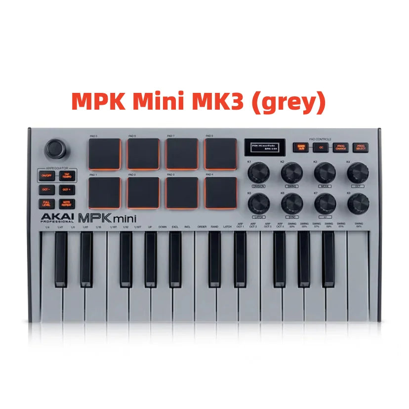 Grey AKAI MPK Mini MK3 MIDI keyboard controller with pads and knobs