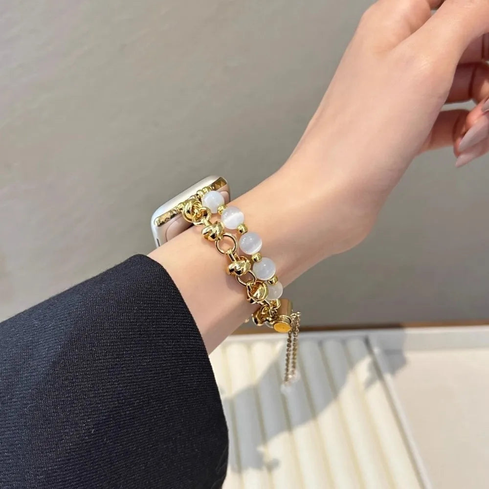 Crystal Bead Watch Strap with Adjustable Metal Link Design