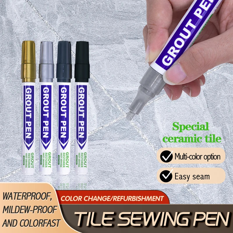 A hand holds a grout pen for tile sewing, showing various colors and the product packaging.