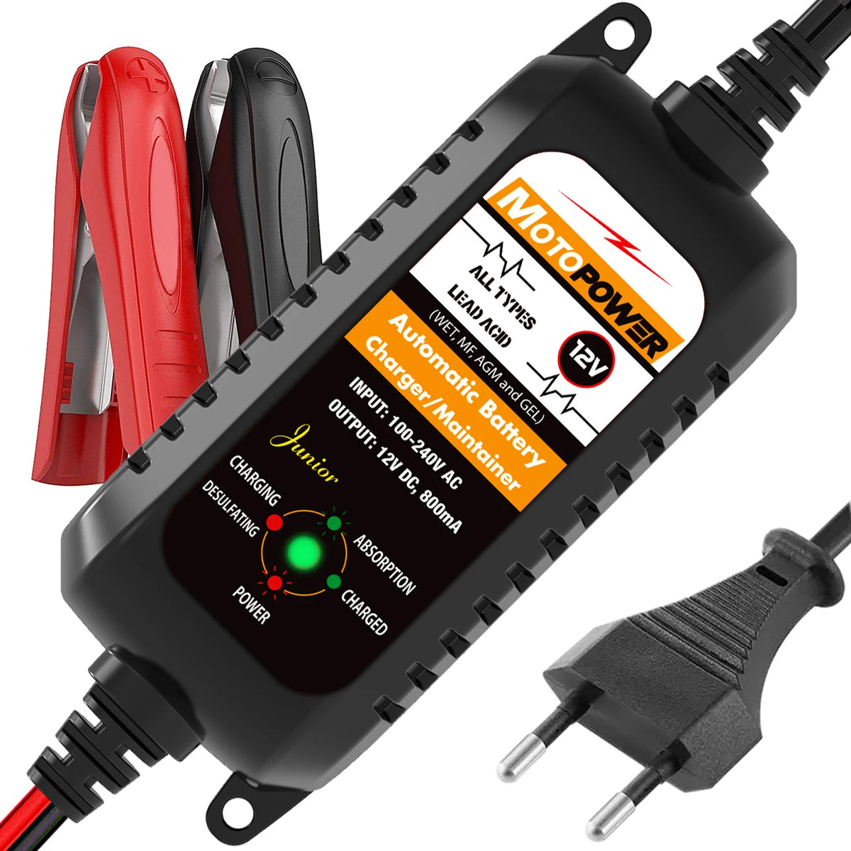 A black 12V automatic battery charger and maintainer unit with attached cables and a red connector.